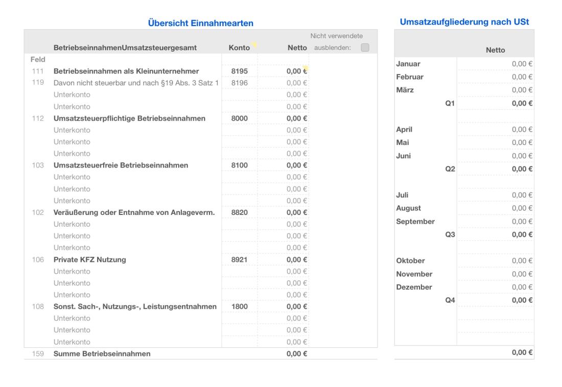 Numbers Vorlage Einnahmen-Überschuss-Rechnung 2017 ohne USt Übersicht