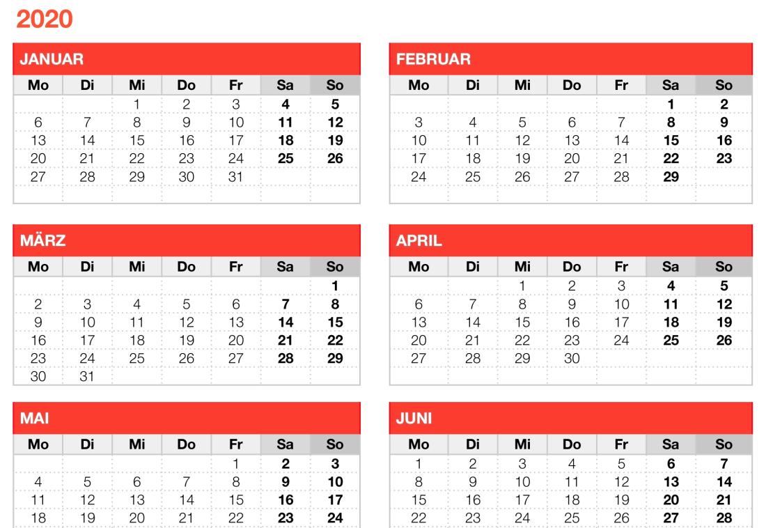 Numbers Vorlage Kalender 2020 Jahresübersicht