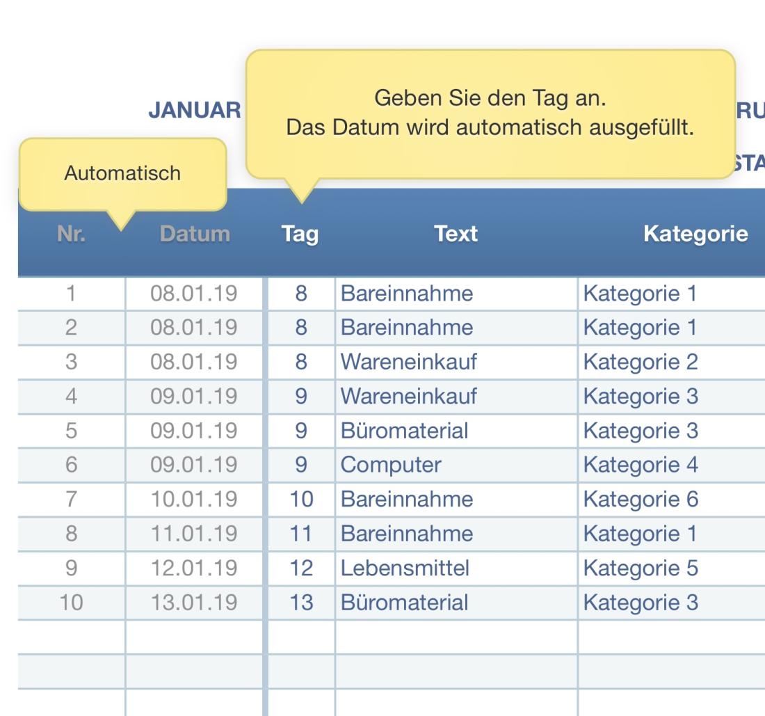 Numbers Vorlage Kassenbuch mit USt Datumseingabe 2019