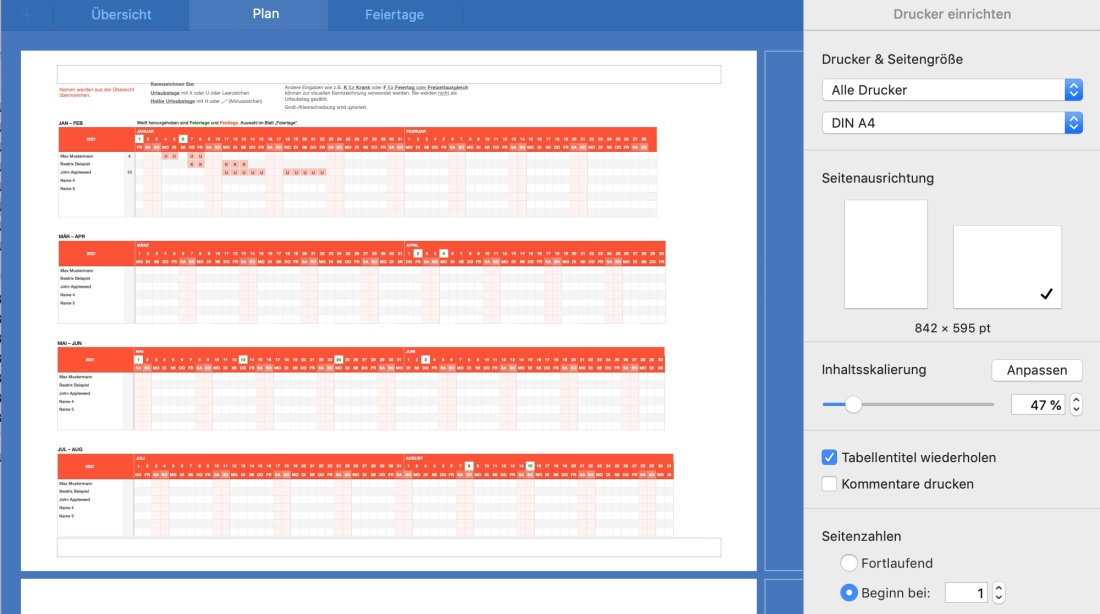 Numbers Vorlage Urlaubsplaner 2024 Druckansicht