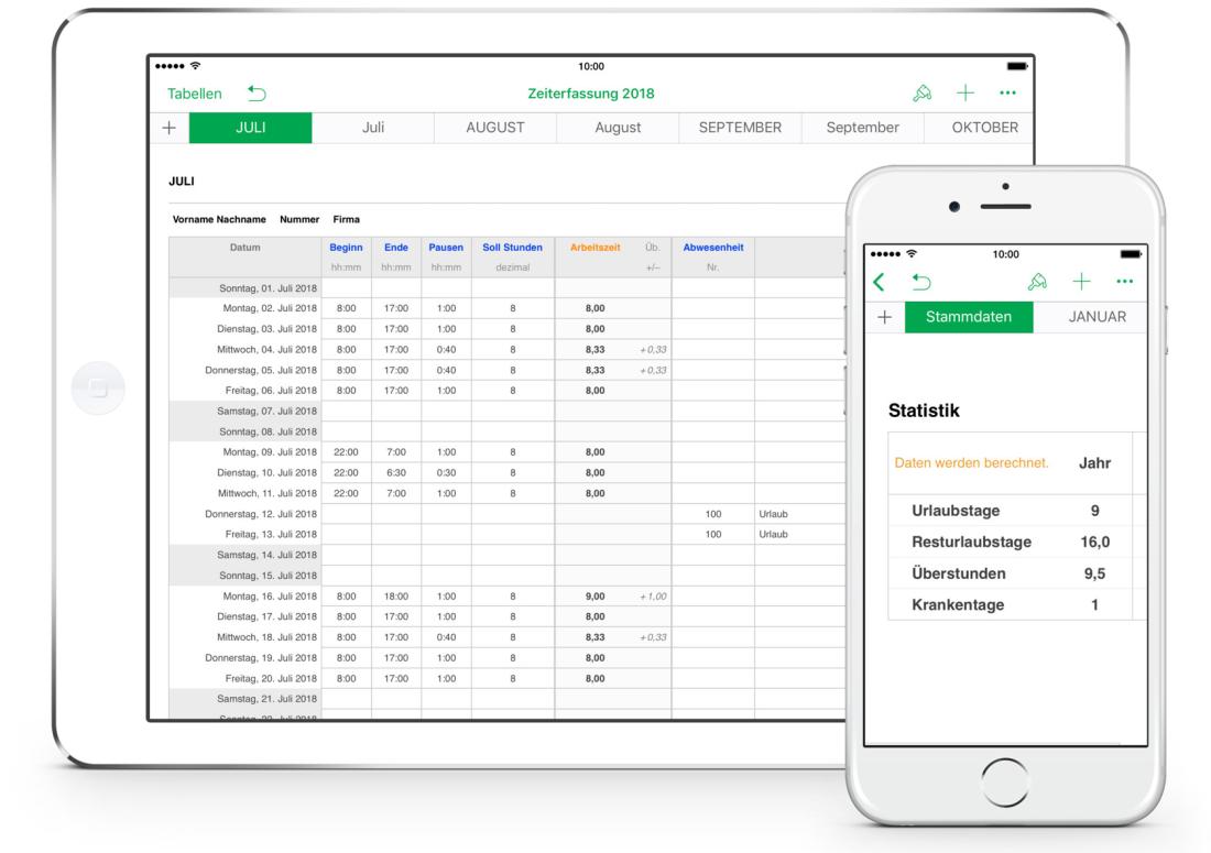 Numbers Vorlage Zeiterfassung Arbeitszeiterfassung für iPad 2018