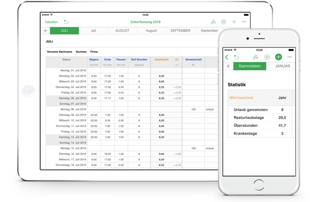 Numbers Vorlage Zeiterfassung Arbeitszeiterfassung für iPad 2019