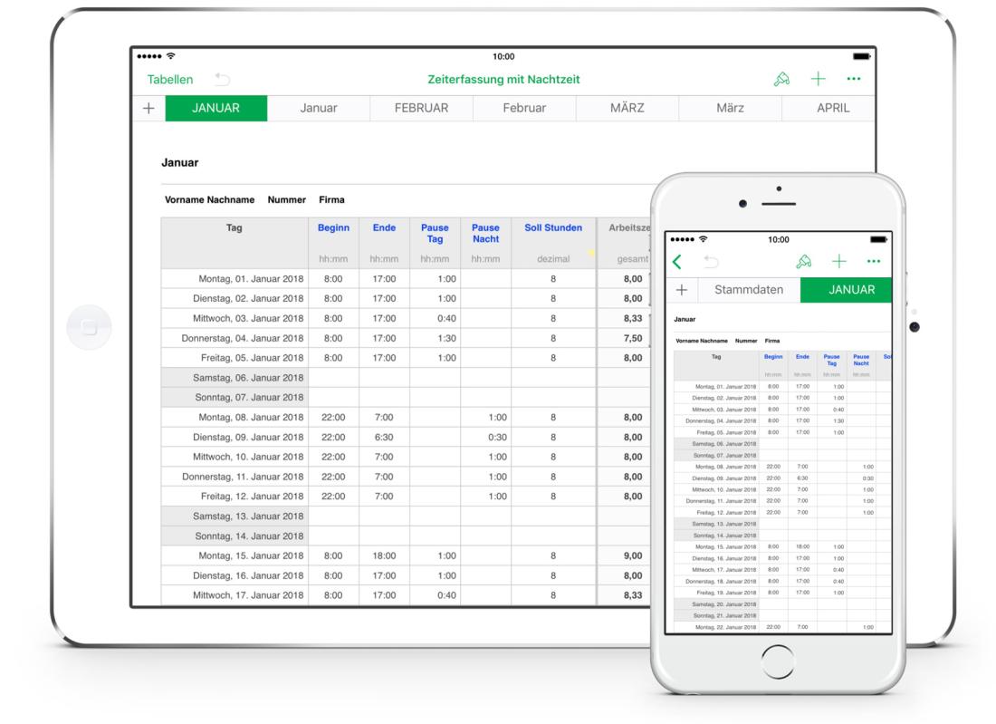 Numbers Vorlage Arbeitszeiterfassung mit Nachtschicht 2018 iPad Tabelle
