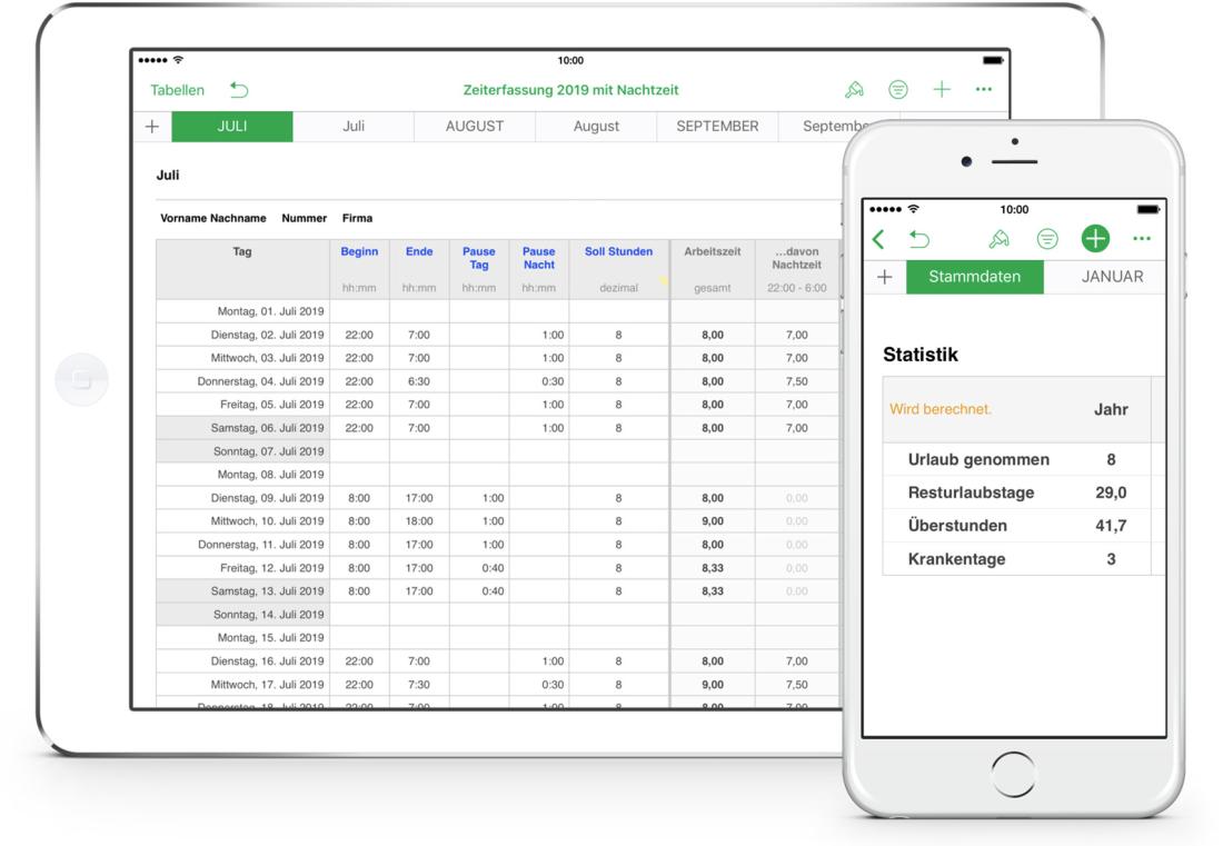 Numbers Vorlage Arbeitszeiterfassung mit Nachtschicht 2019 iPad Tabelle