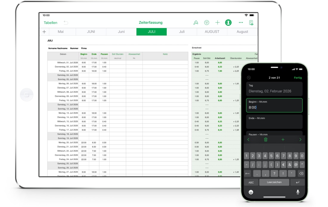 Numbers Vorlage Zeiterfassung Arbeitszeiterfassung Plus für iPad 2026