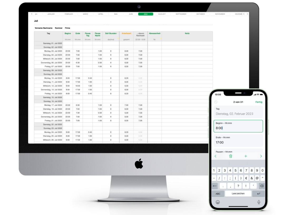 Numbers Vorlage Arbeitszeiterfassung mit Nachtschicht 2023 für Mac