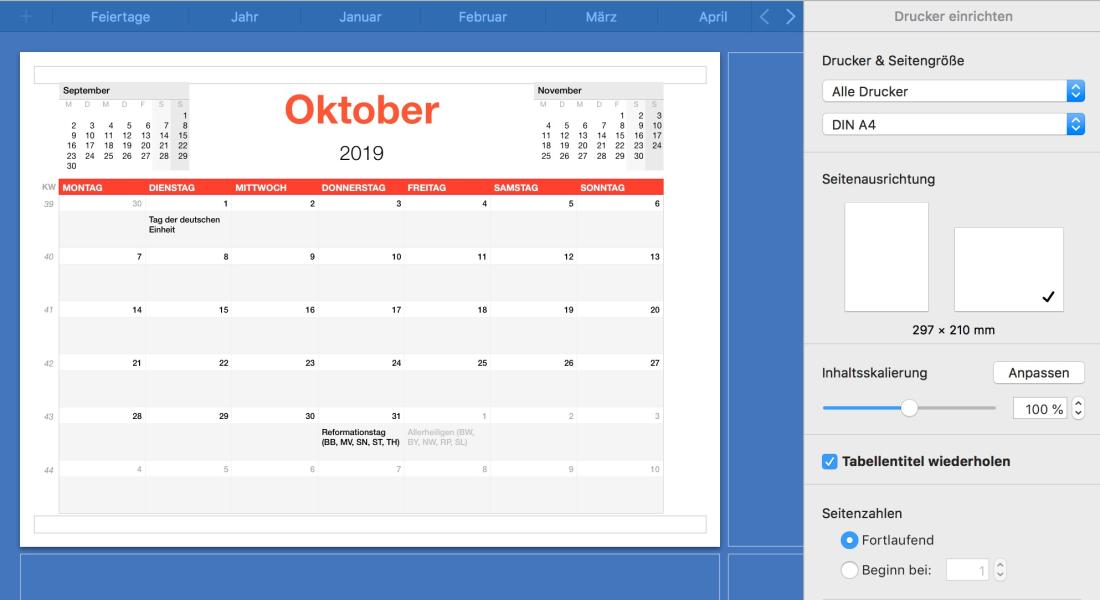 Numbers Vorlage Kalender 2019 Drucken