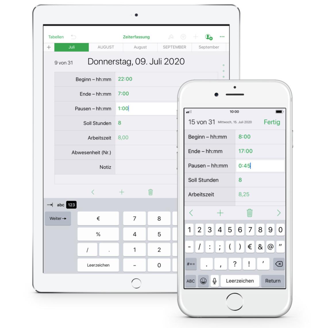 Numbers Vorlage Zeiterfassung Arbeitszeiterfassung für iPhone 2020