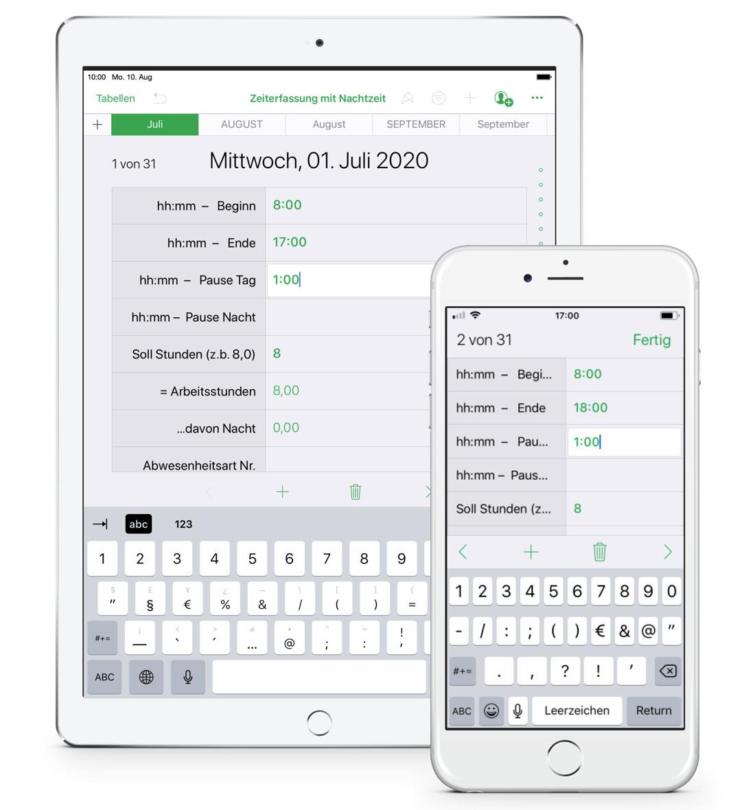 Numbers Vorlage Arbeitszeiterfassung mit Nachtschicht 2020 für iPhone
