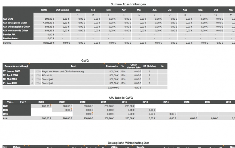 Numbers Vorlage Einnahmen-Überschuss-Rechnung 2009 mit USt AfA