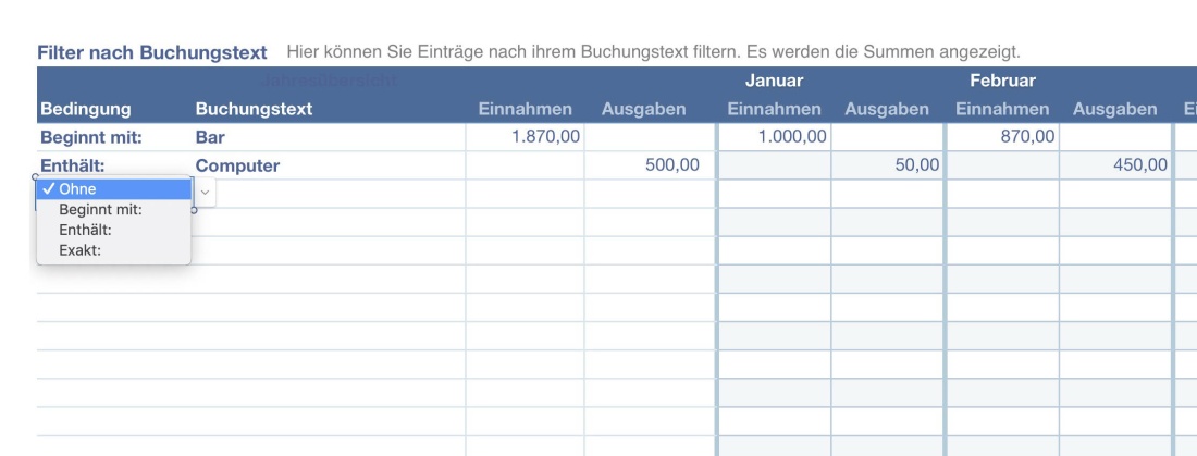 Numbers Vorlage Kassenbuch ohne USt 2023 Filtern