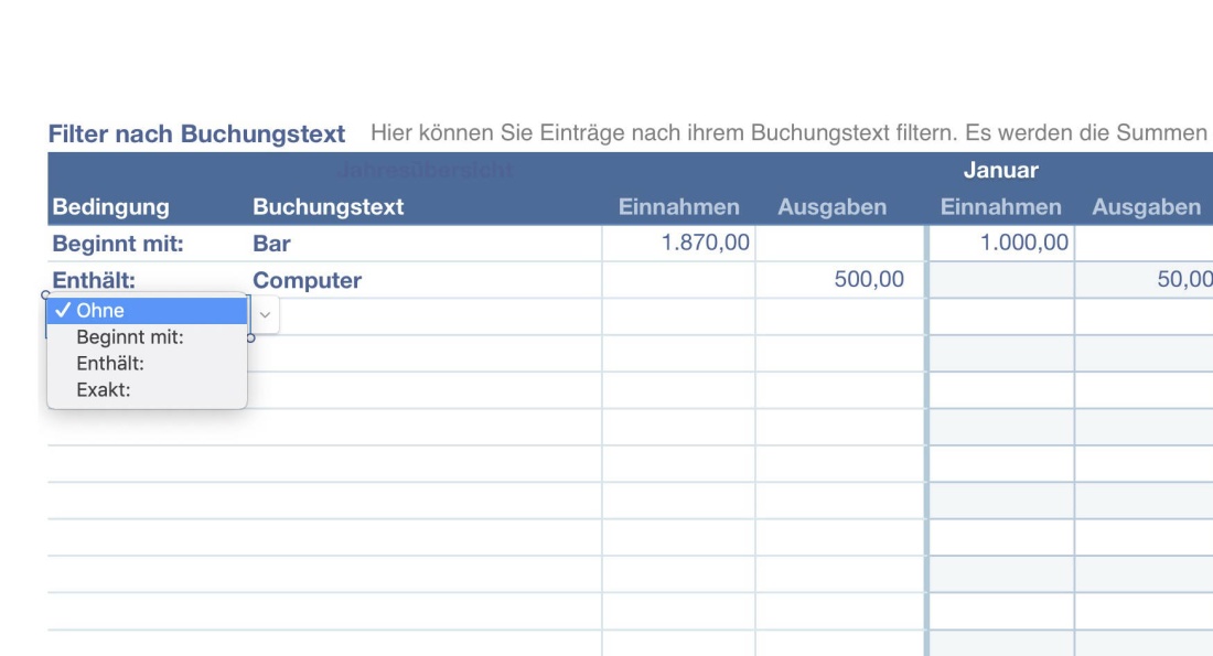 Numbers Vorlage Kassenbuch mit USt 2024 Buchungstext