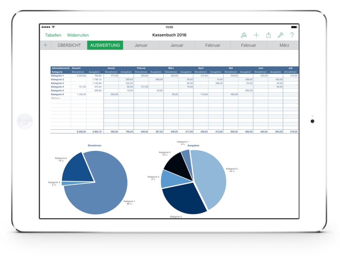 Numbers Vorlage Kassenbuch Diagramme auf iPad 2016