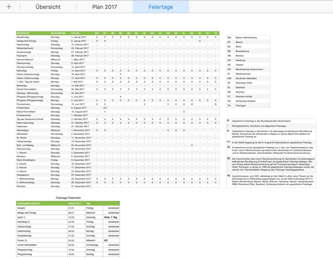 Numbers Vorlage Urlaubsplaner 2017 Tabelle Feiertage