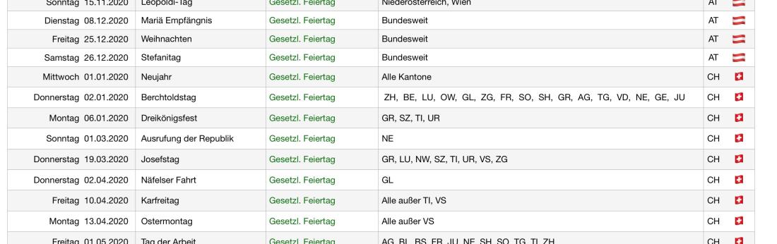 Numbers Vorlage Urlaubsplaner 2020 Feirtagstabellen Österreich Schweiz