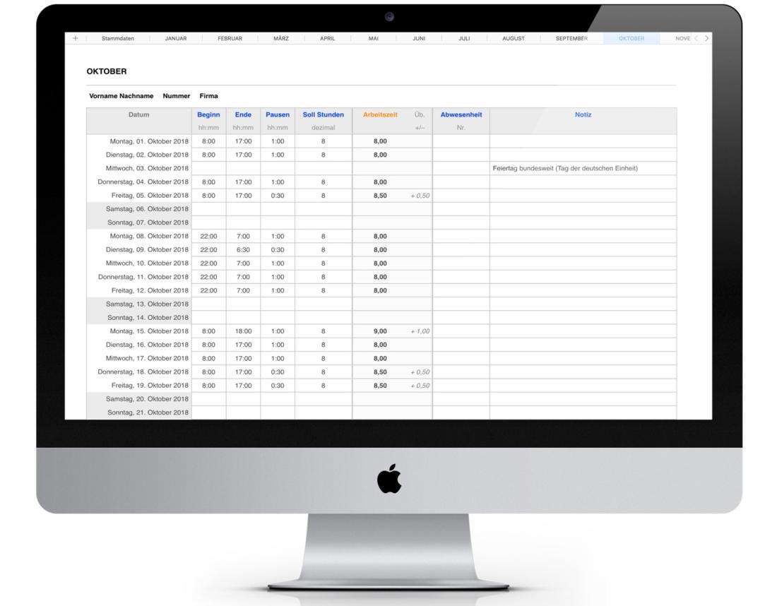 Numbers Vorlage Zeiterfassung Arbeitszeiterfassung für Mac 2018