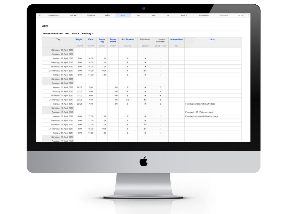 Numbers Vorlage Arbeitszeiterfassung mit Nachtschicht 2017 Mac