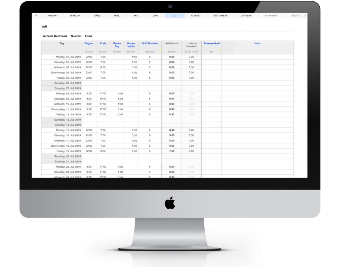 Numbers Vorlage Arbeitszeiterfassung mit Nachtschicht 2019 Mac