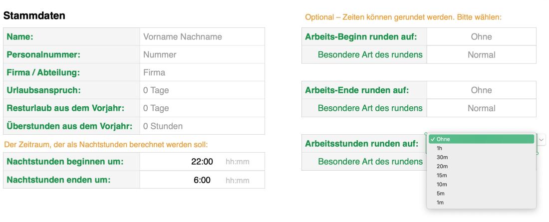 Numbers Vorlage Arbeitszeiterfassung mit Nachtschicht 2022 Stammdaten