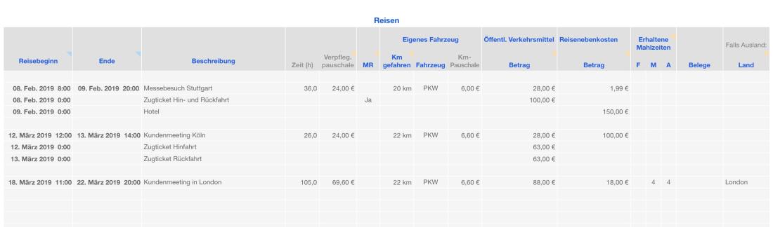 Numbers Vorlage Einnahmen-Überschuss-Rechnung 2019 ohne USt Reisekosten Beispiel
