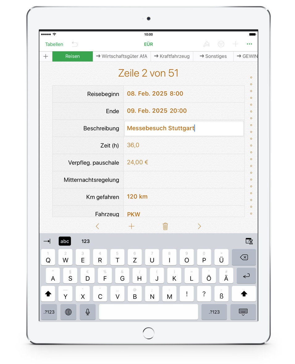 Numbers Vorlage Einnahmen-Überschuss-Rechnung 2025 ohne USt Reisekosten iPad Formular