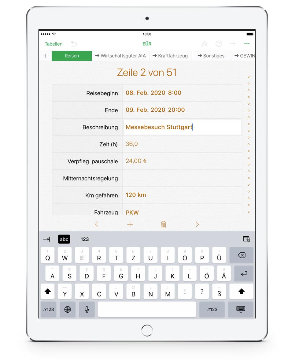 Numbers Vorlage Einnahmen-Überschuss-Rechnung 2020 ohne USt Reisekosten iPad Formular