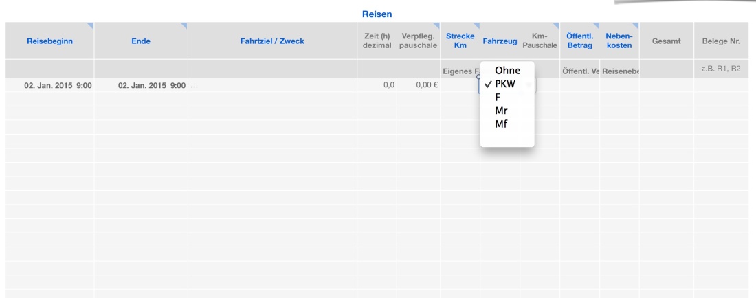 Vorlage Einnahmen-Überschuss-Rechnung 2015 ohne USt für Mac und iPad Reisen Liste