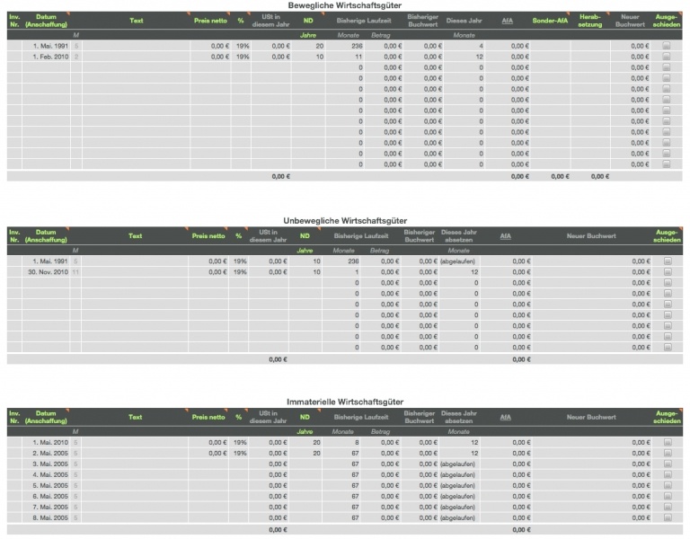 Numbers Vorlage Einnahmen-Überschuss-Rechnung 2010 mit USt bewegliche Wirtschaftsgüter