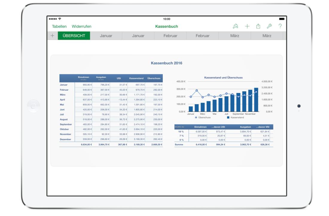 Numbers Vorlage Kassenbuch mit USt Zusammenfassung auf iPad 2016