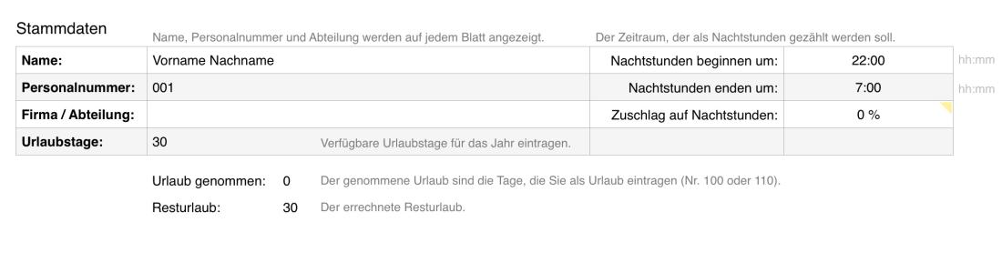 Numbers Vorlage Arbeitszeiterfassung mit Nachtschicht 2016 Stammdateneingabe