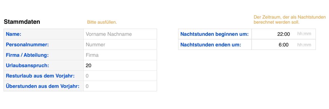 Numbers Vorlage Arbeitszeiterfassung mit Nachtschicht 2018 Stammdateneingabe