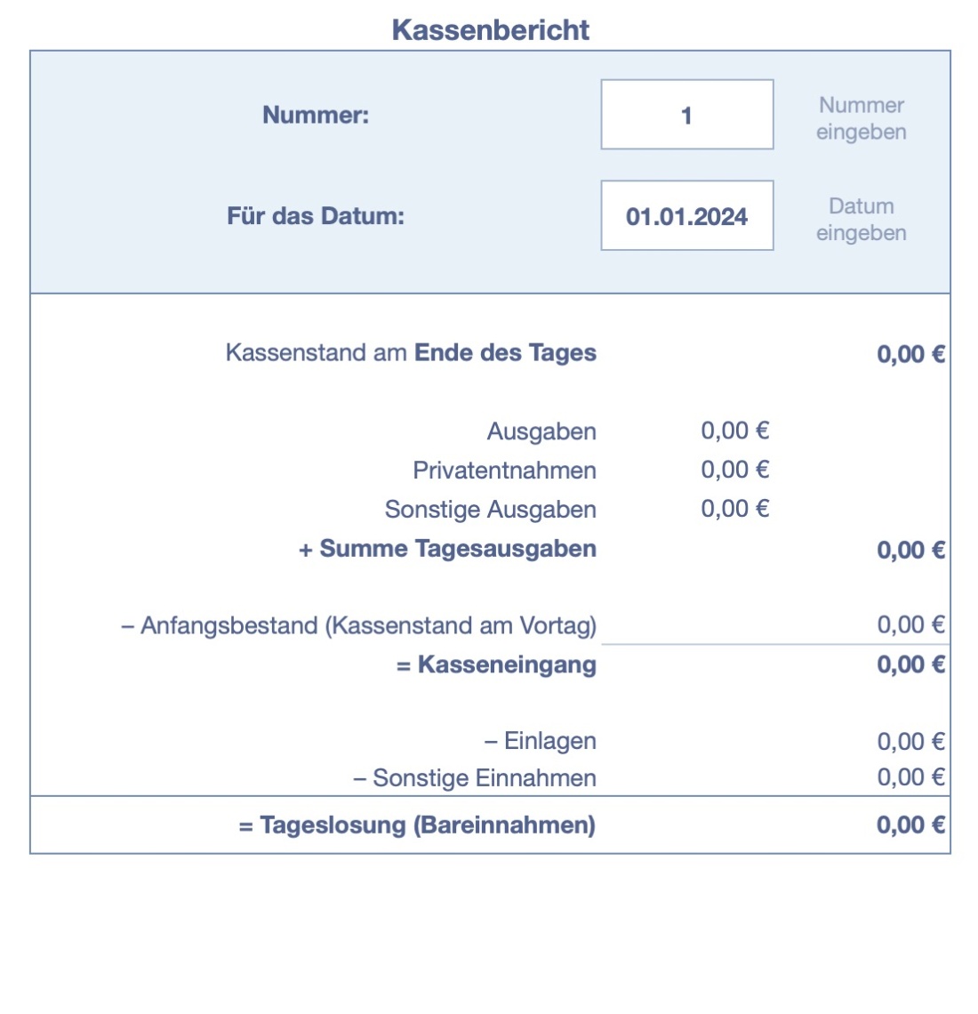 Numbers Vorlage Kassenbuch ohne USt 2024 Kassenbericht erstellen