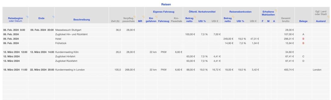 Einnahmen-Überschuss-Rechnung 2024 mit USt Reisekosten Eingabe