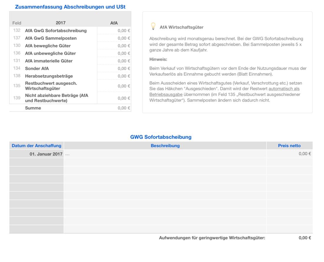 Numbers Vorlage Einnahmen-Überschuss-Rechnung 2017 ohne USt AfA