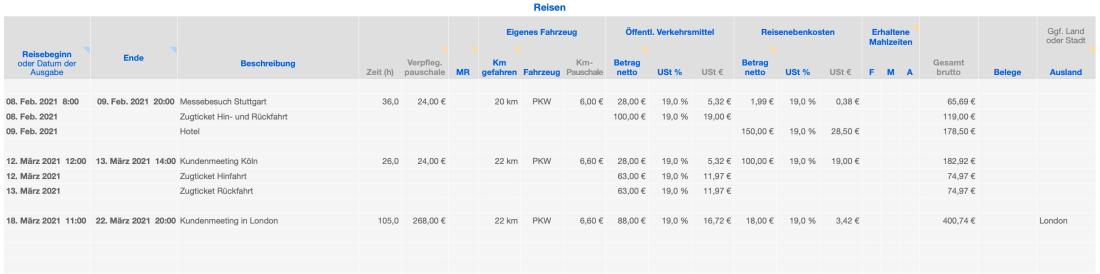 Vorlage Einnahmen-Überschuss-Rechnung 2021 für Mac und iPad Reisekosten