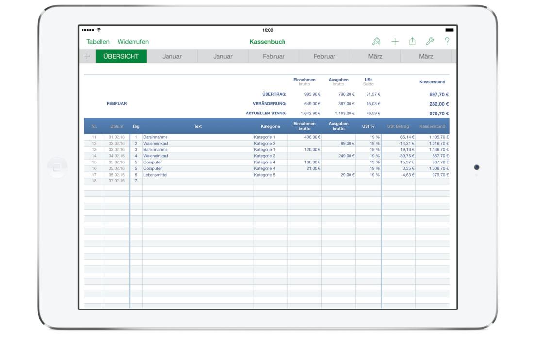 Numbers Vorlage Kassenbuch mit USt Tabelle auf iPad 2016