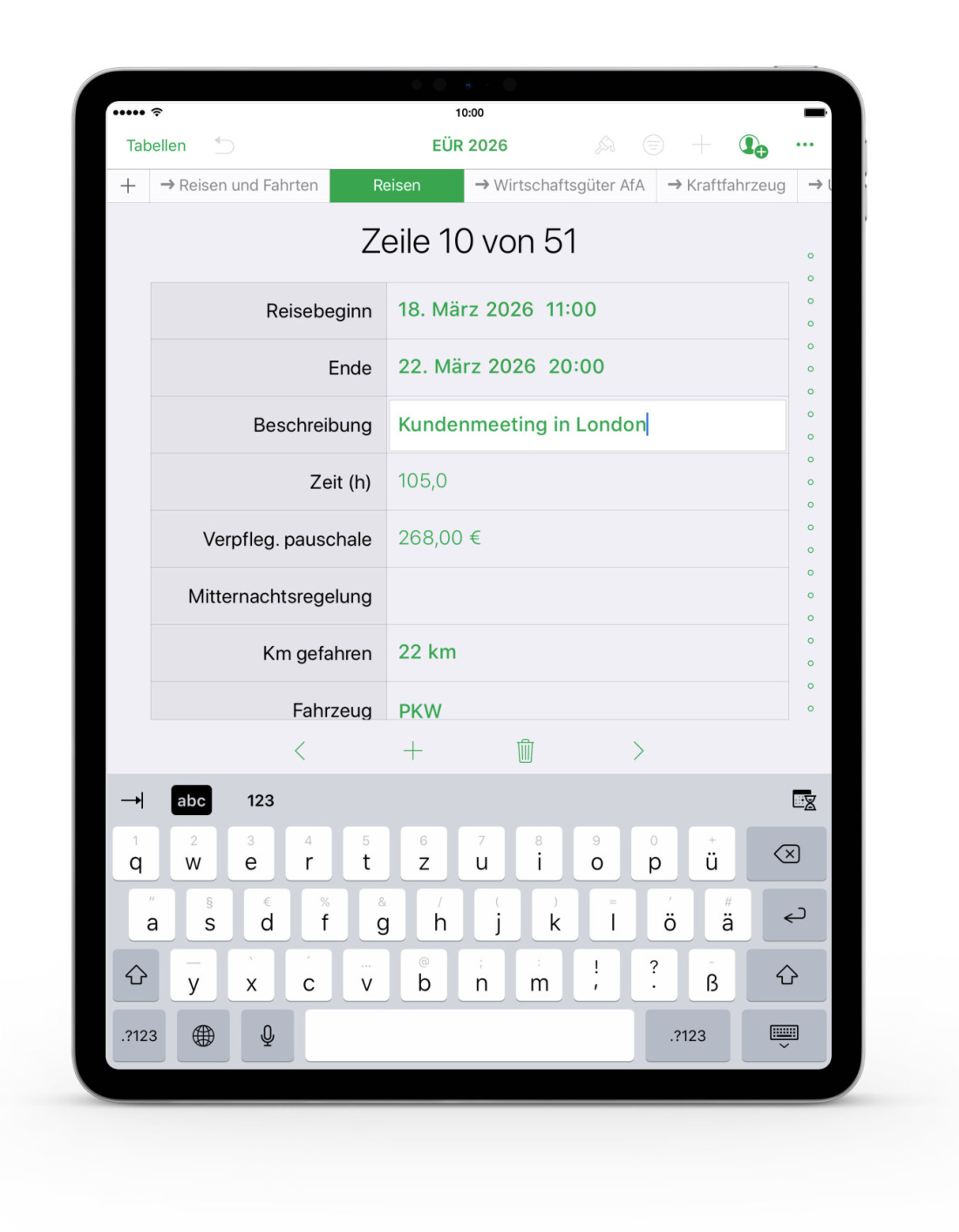Einnahmen-Überschuss-Rechnung 2026 mit USt Reisekosten für iPad