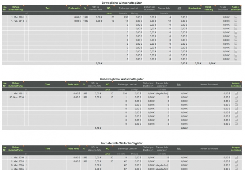 Numbers Vorlage Einnahmen-Überschuss-Rechnung 2011 mit USt Wirtschaftsgüter