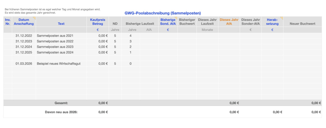 Numbers Vorlage Einnahmen-Überschuss-Rechnung 2026 ohne USt Abschreibungen Eingabetabelle