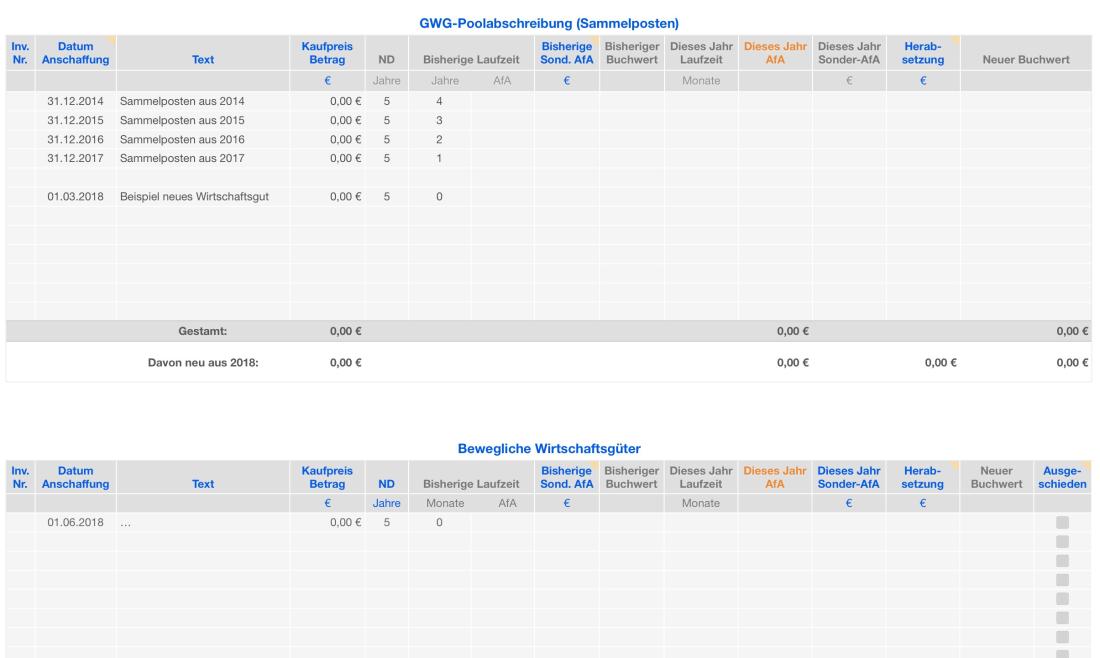 Numbers Vorlage Einnahmen-Überschuss-Rechnung 2018 ohne USt Abschreibungen