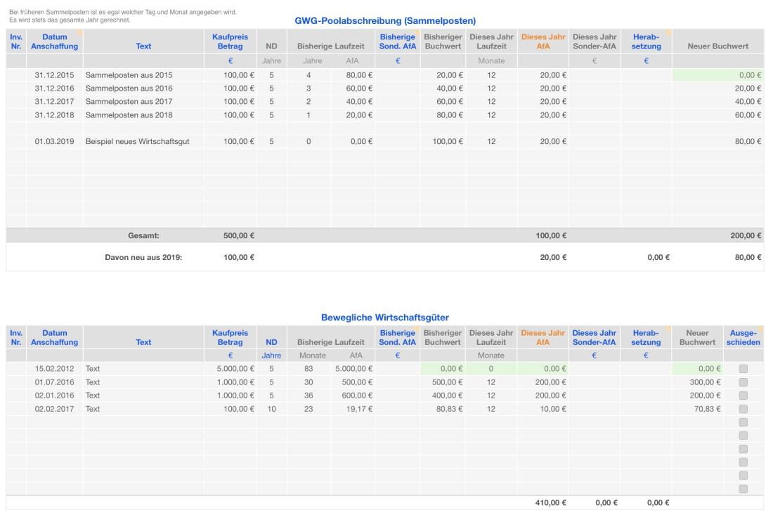 Numbers Vorlage Einnahmen-Überschuss-Rechnung 2020 ohne USt Abschreibungen Eingabetabelle