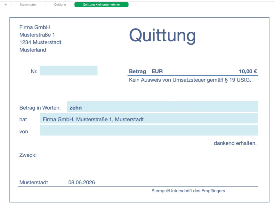 Numbers Vorlage Quittung Kleinunternehmer