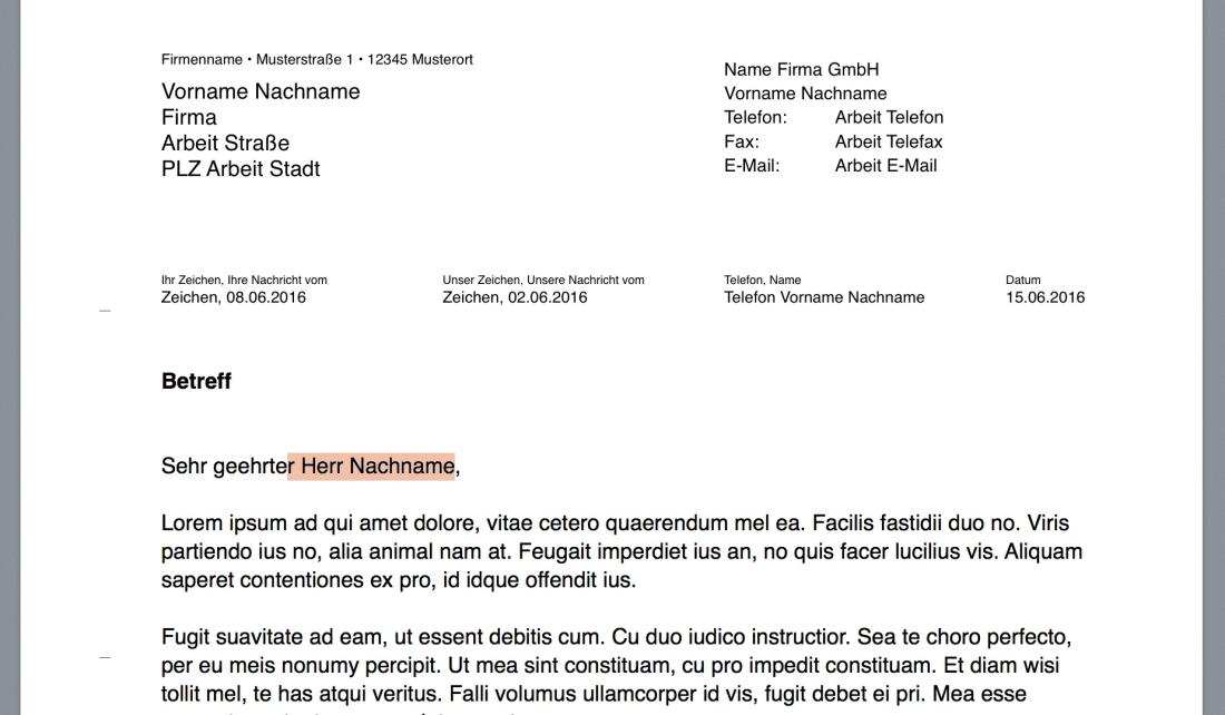 Pages Vorlage Briefvorlage nach DIN 5008 mit Bezugszeichenzeile Platzhaltertext