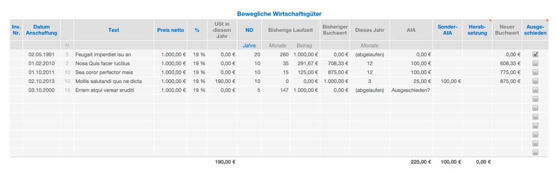 Vorlage Einnahmen-Überschuss-Rechnung 2013 für Mac und iPad Afa Liste