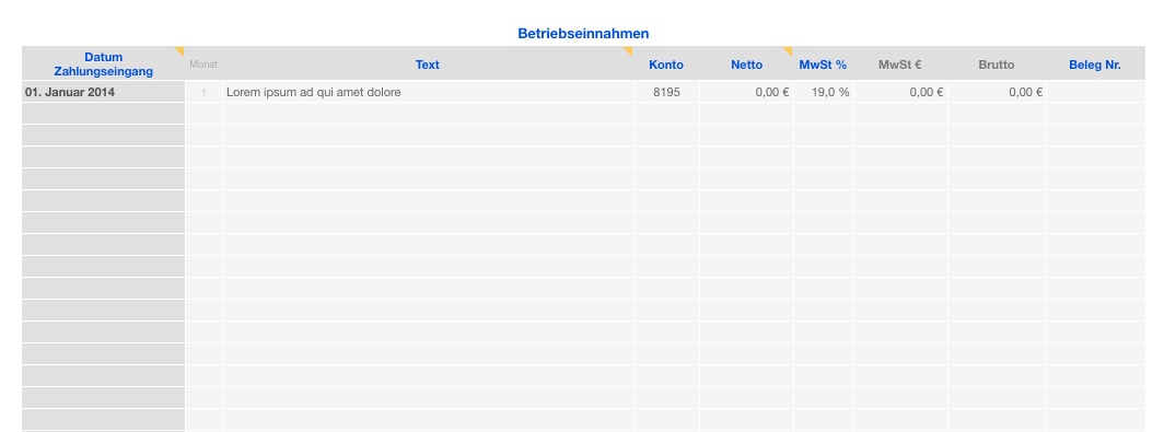 Vorlage Einnahmen-Überschuss-Rechnung 2014 für Mac und iPad Einnahmen Liste