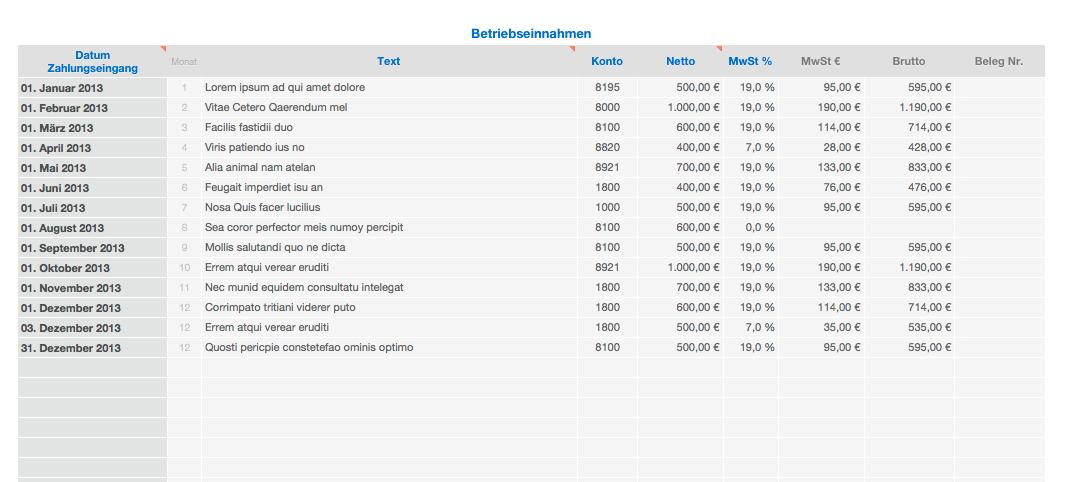 Vorlage Einnahmen-Überschuss-Rechnung 2013 für Mac und iPad Einnahmen Liste