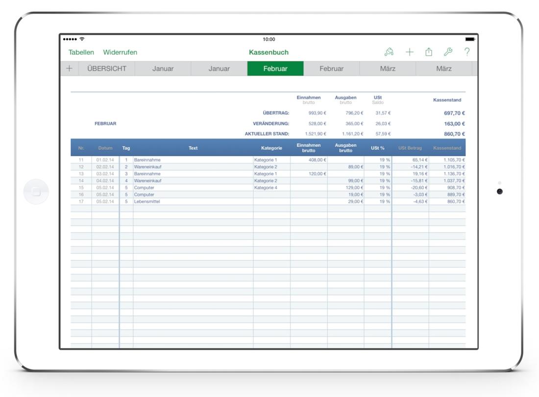 Numbers Vorlage Kassenbuch mit USt Tabelle auf iPad