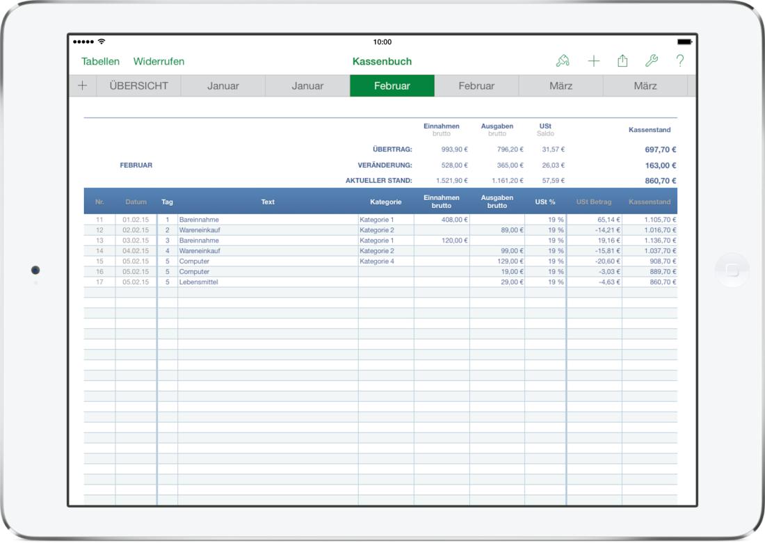Numbers Vorlage Kassenbuch mit USt Tabelle auf iPad 2015