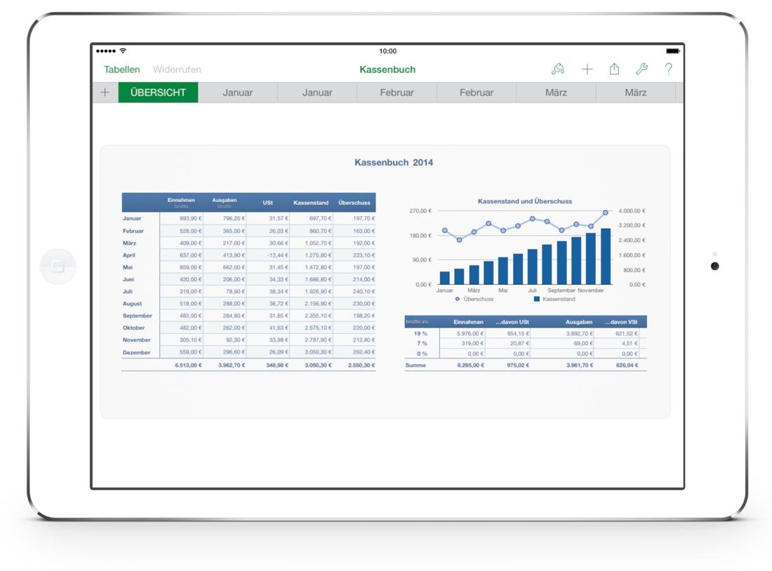 Numbers Vorlage Kassenbuch mit USt Zusammenfassung auf iPad