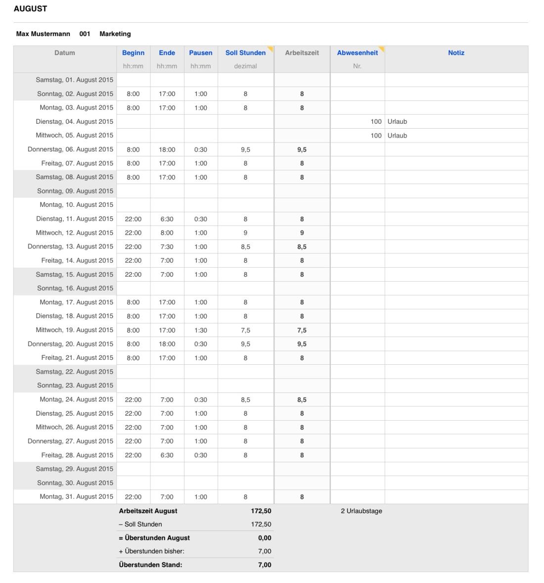 Numbers Vorlage Zeiterfassung Arbeitszeit 2015 